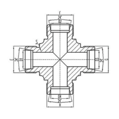 公製外螺紋24°內錐（zhuī）麵密封四通接頭（tóu）